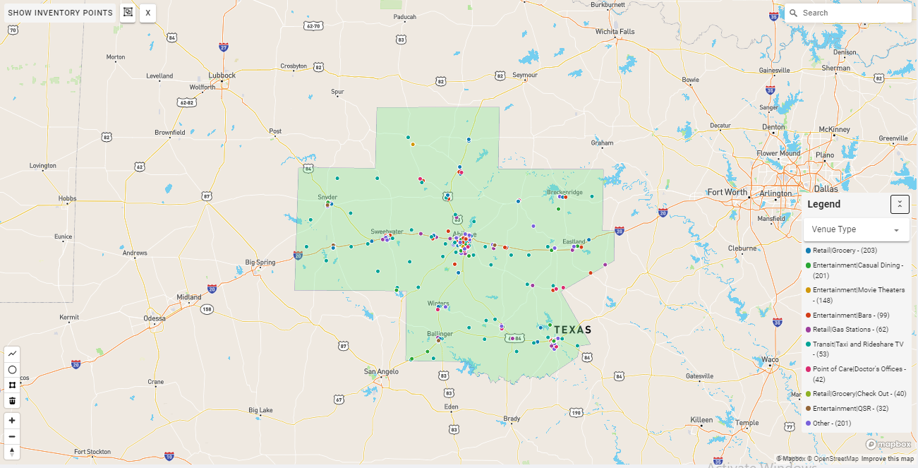 Abilene DMA coverage map showing digital out-of-home advertising reach