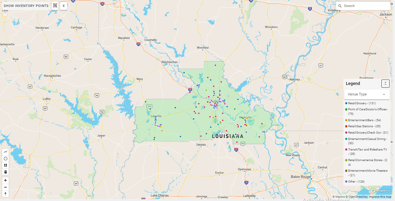 Alexandria DMA coverage map showing digital out-of-home advertising reach
