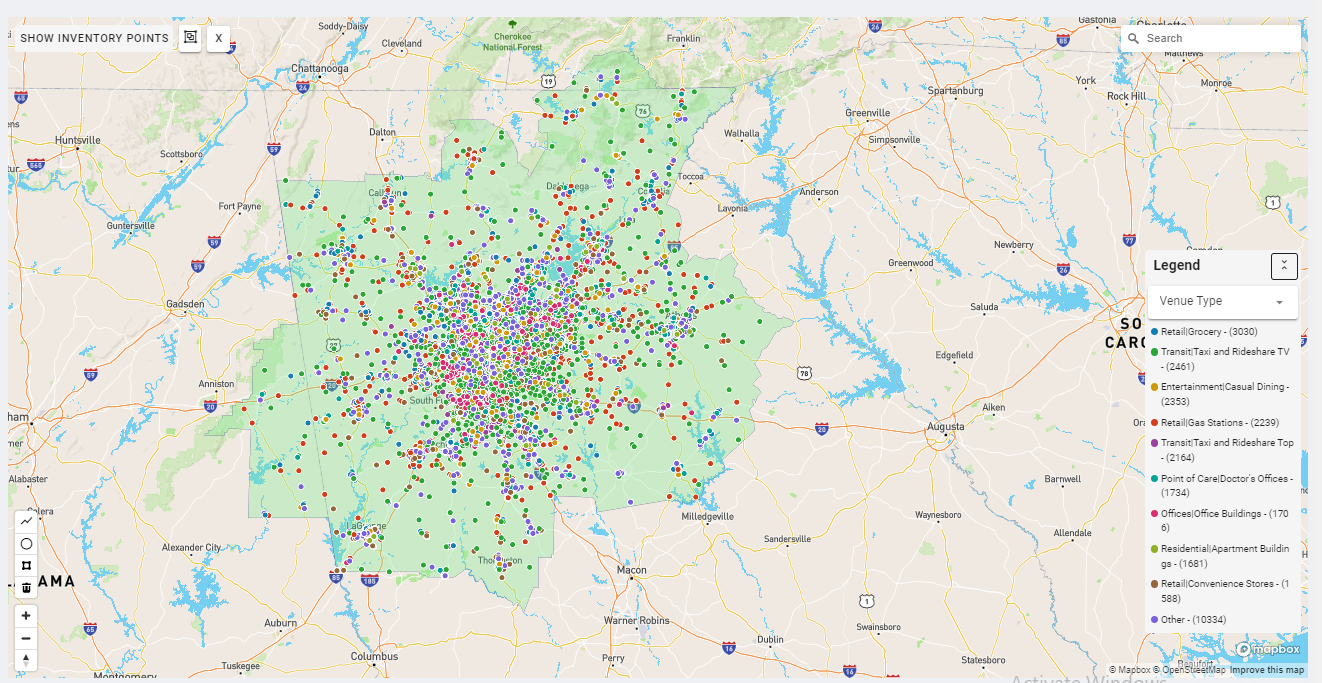 Atlanta DMA coverage map showing digital out-of-home advertising reach