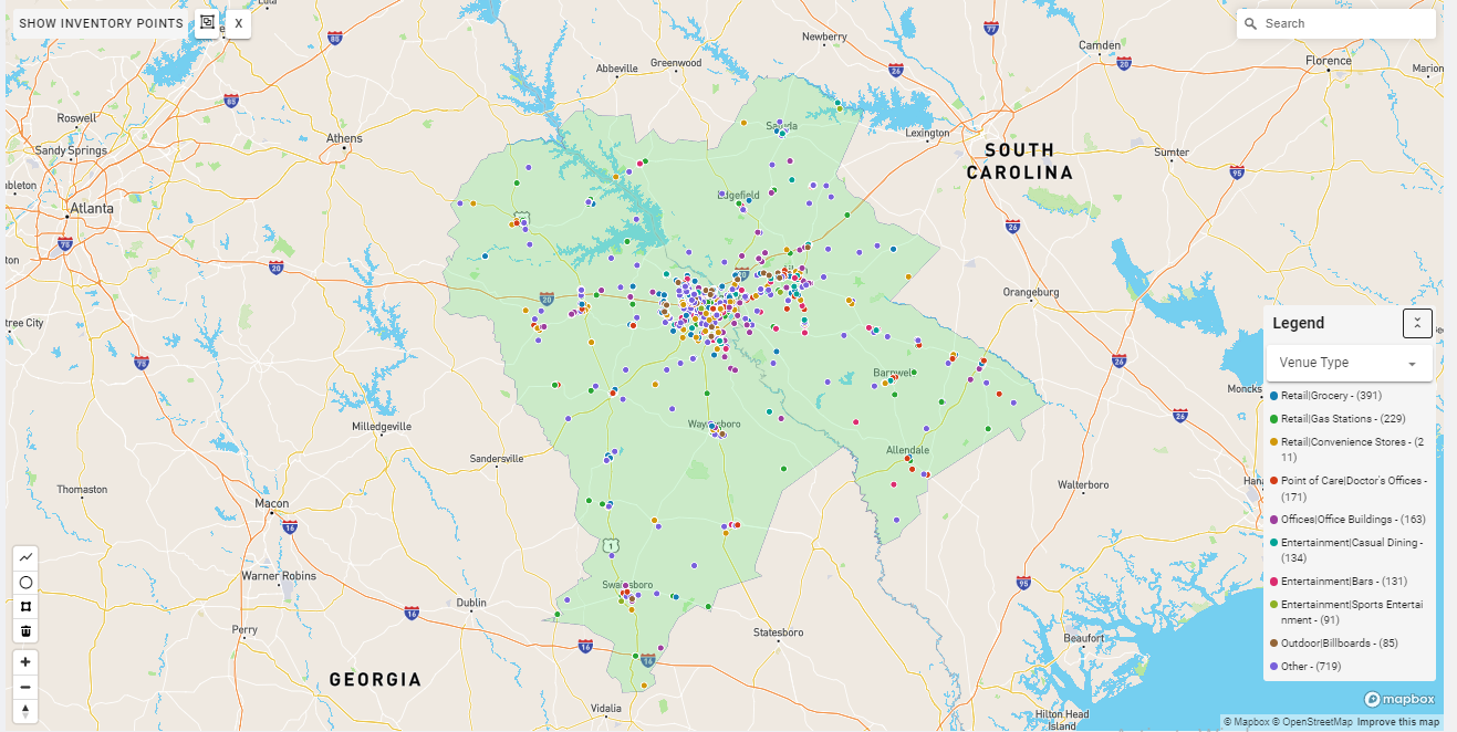 Augusta DMA coverage map showing digital out-of-home advertising reach