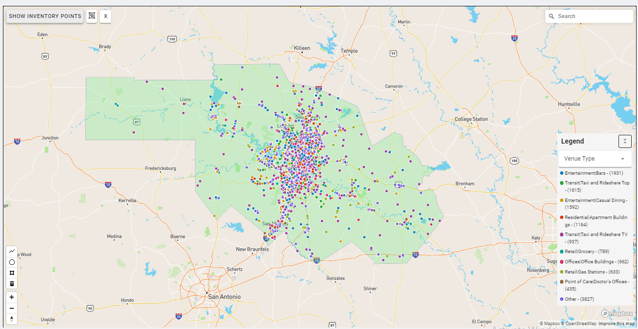 Austin DMA coverage map showing digital out-of-home advertising reach