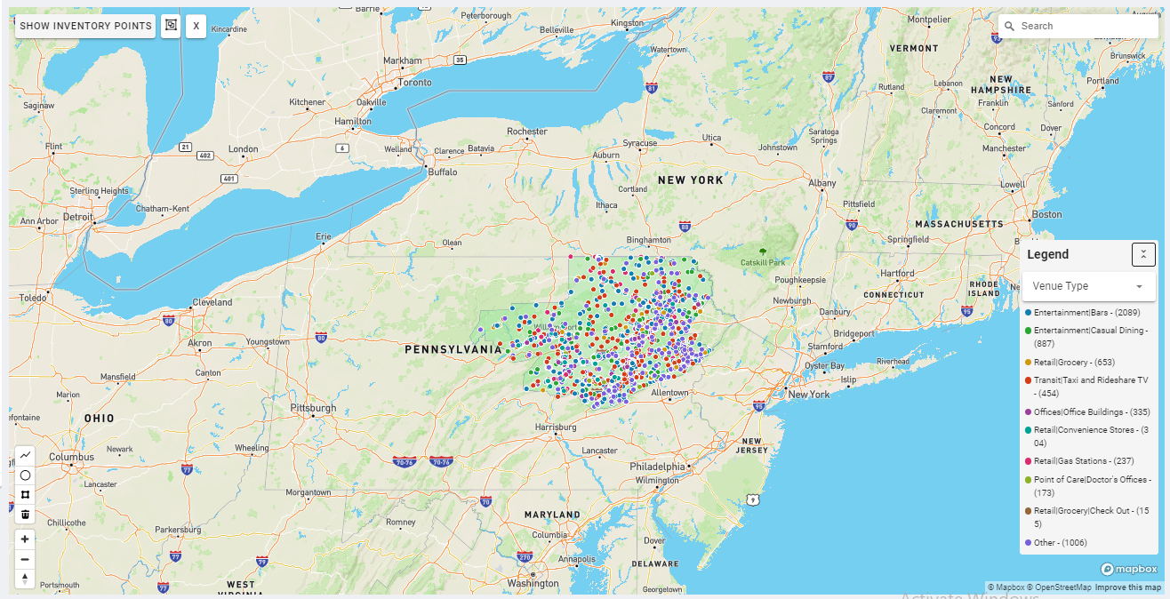 Wilkes-Barre-Scranton DMA coverage map showing digital out-of-home advertising reach