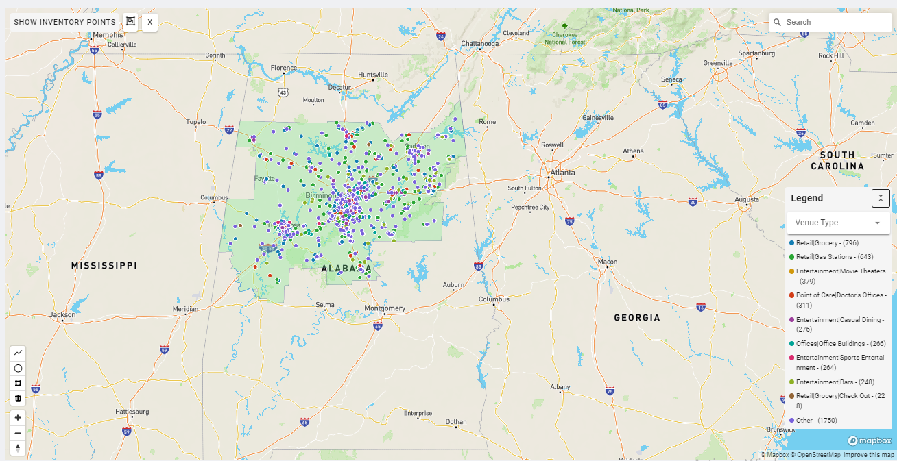 Birmingham DMA coverage map showing digital out-of-home advertising reach