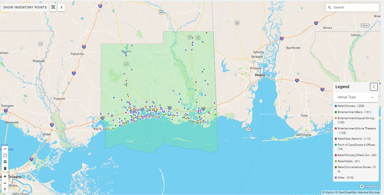 Biloxi DMA coverage map showing digital out-of-home advertising reach