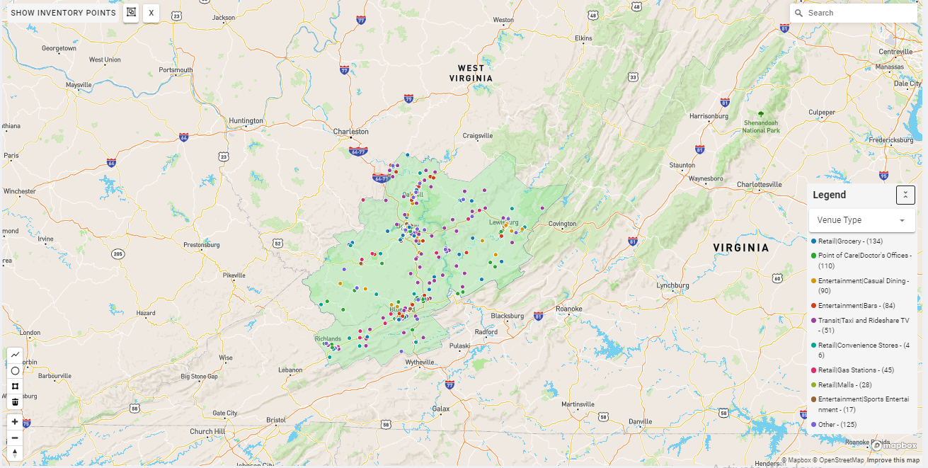 Bluefield DMA coverage map showing digital out-of-home advertising reach