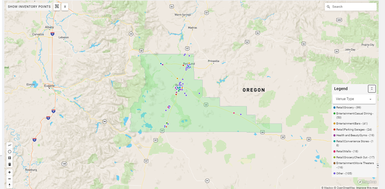 Bend OR DMA coverage map showing digital out-of-home advertising reach