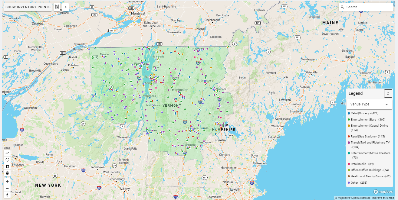 Burlington DMA coverage map showing digital out-of-home advertising reach
