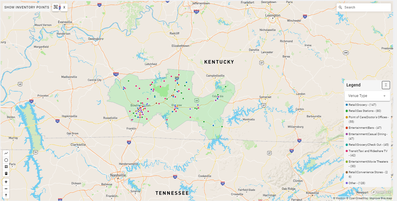 Bowling Green DMA coverage map showing digital out-of-home advertising reach
