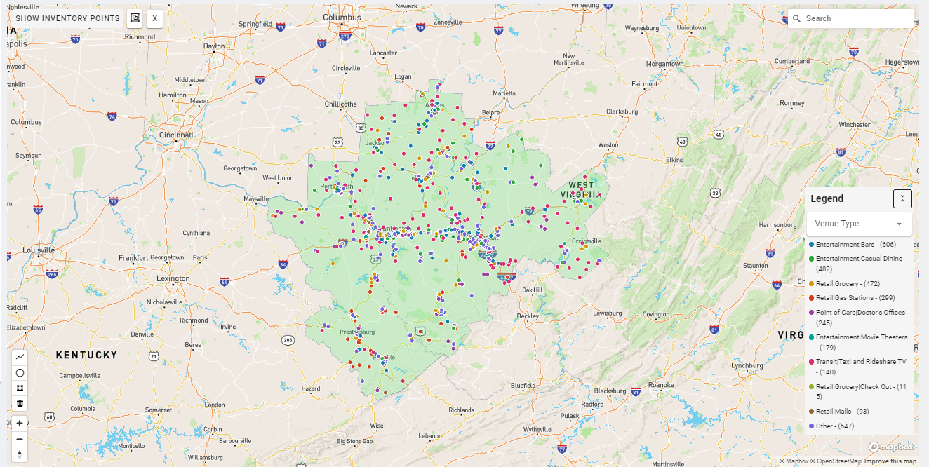Charleston-Huntington DMA coverage map showing digital out-of-home advertising reach