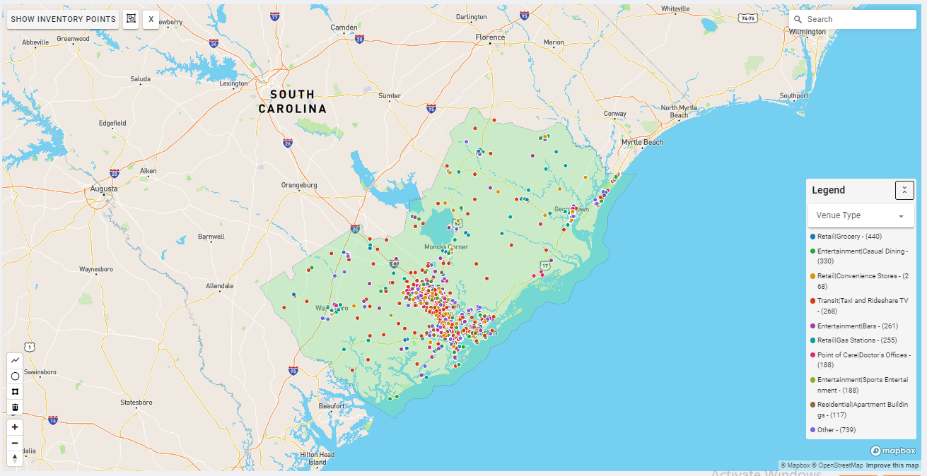 Charleston DMA coverage map showing digital out-of-home advertising reach