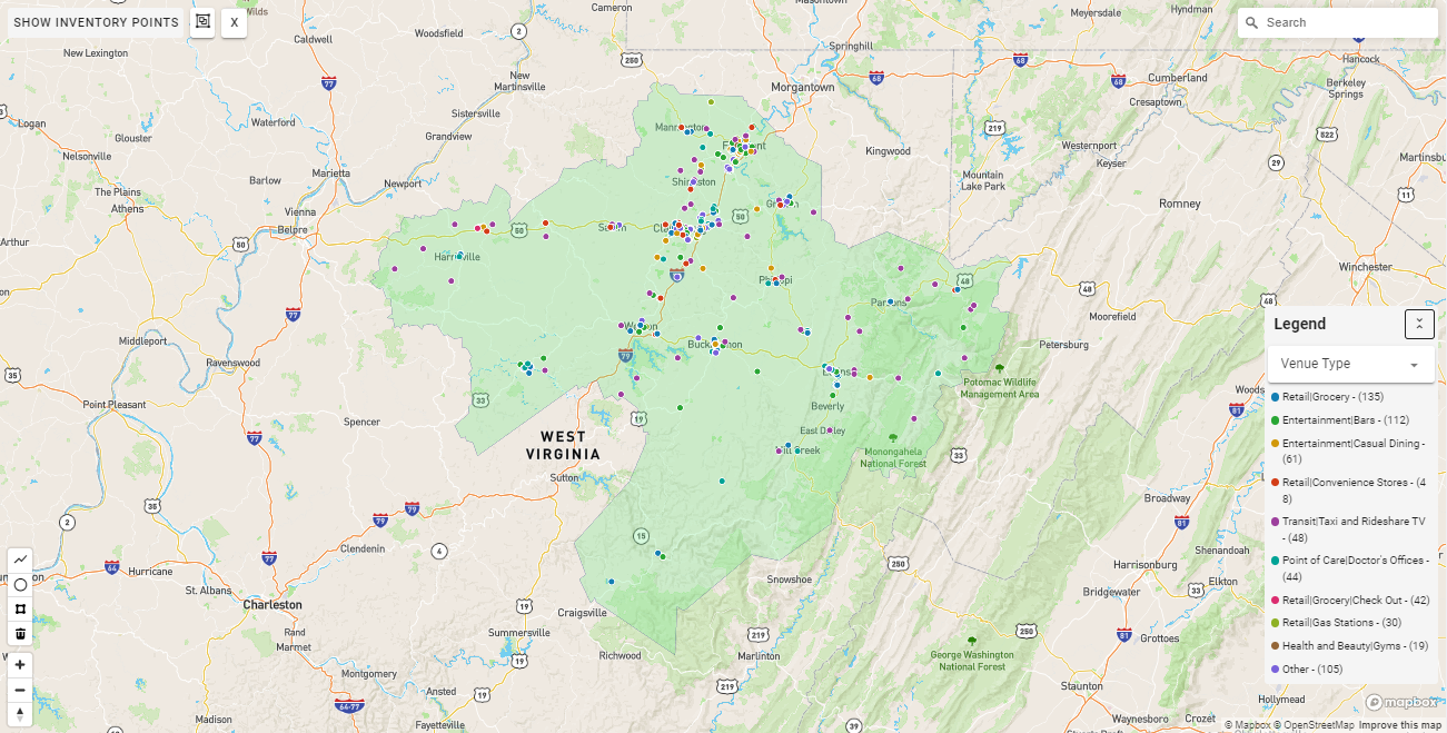 Clarksburg DMA coverage map showing digital out-of-home advertising reach