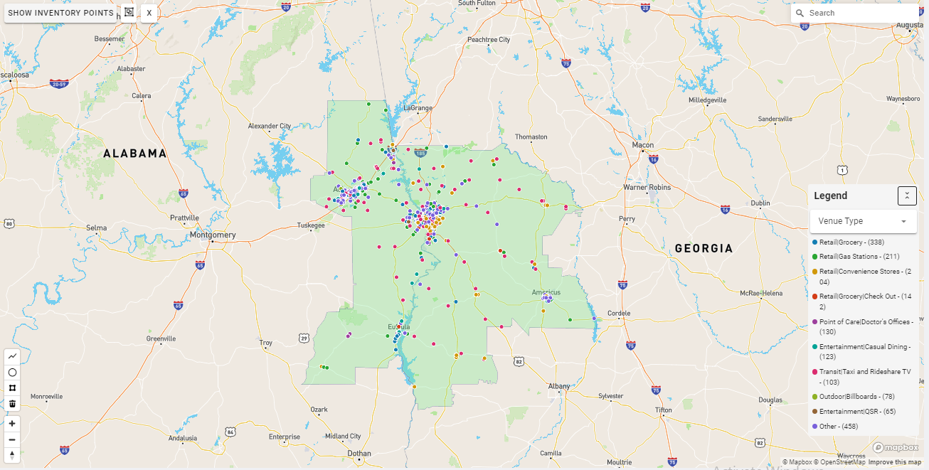 Columbus GA DMA coverage map showing digital out-of-home advertising reach