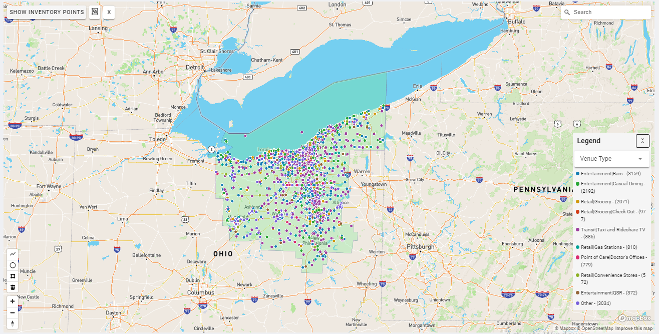 Cleveland DMA coverage map showing digital out-of-home advertising reach