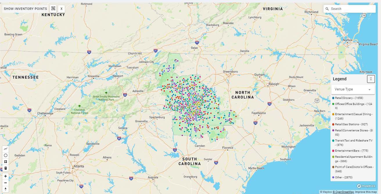 Charlotte DMA coverage map showing digital out-of-home advertising reach