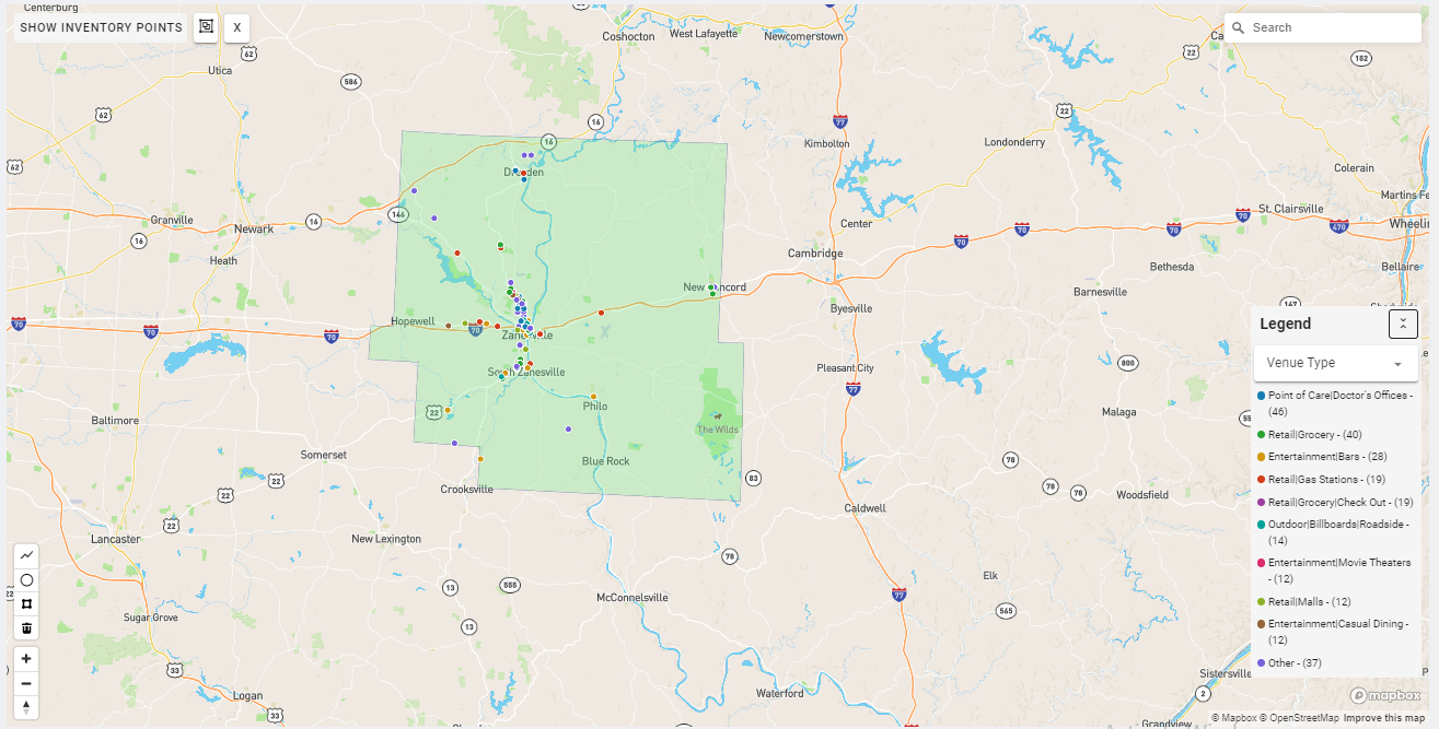 Zanesville DMA coverage map showing digital out-of-home advertising reach