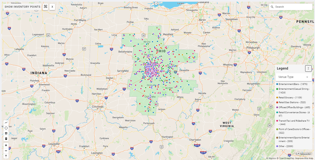 Columbus DMA coverage map showing digital out-of-home advertising reach