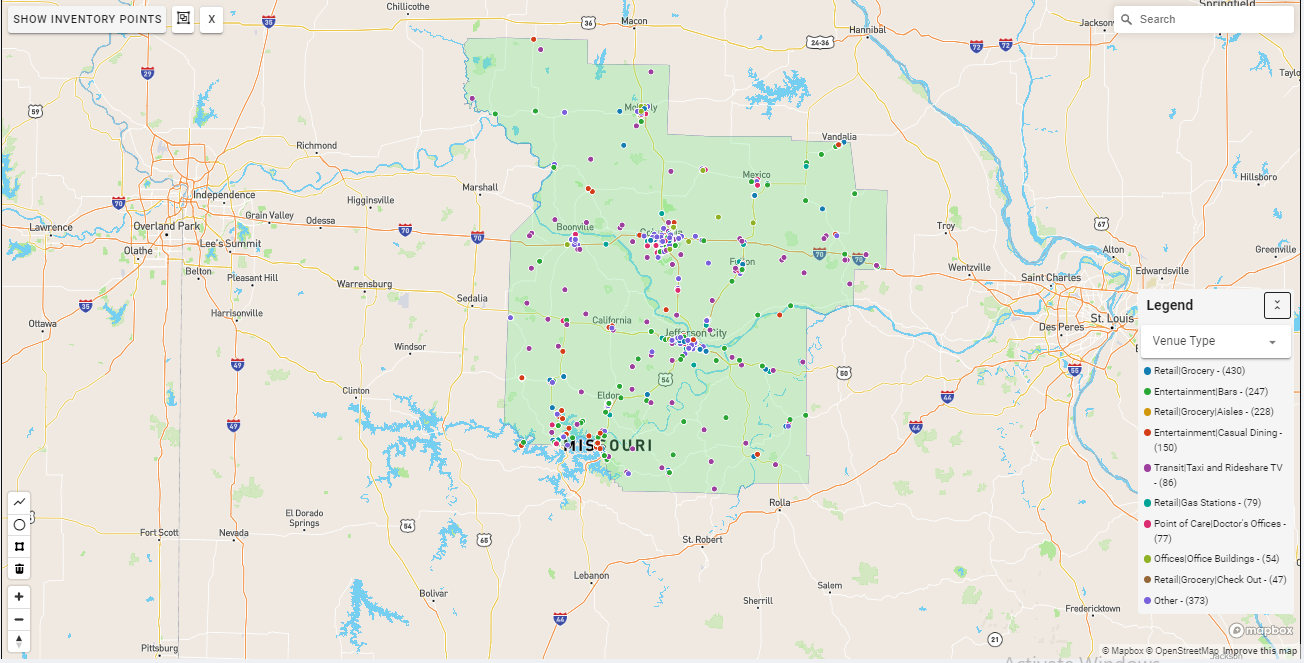 Columbia DMA coverage map showing digital out-of-home advertising reach