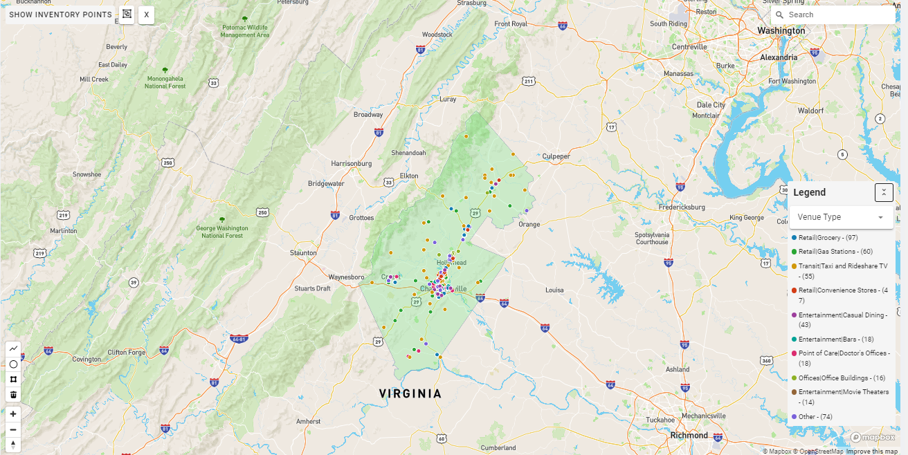Charlottesville DMA coverage map showing digital out-of-home advertising reach