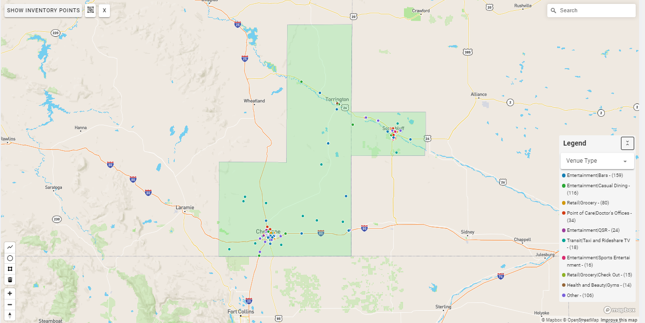 Cheyenne DMA coverage map showing digital out-of-home advertising reach