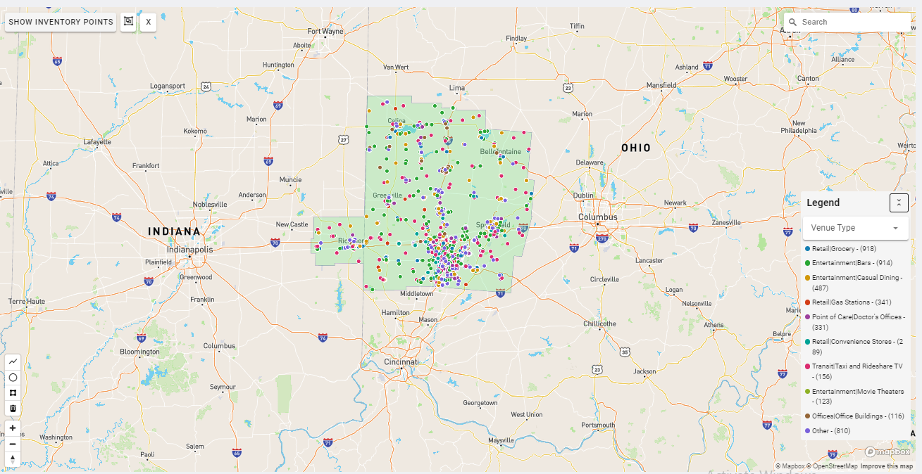 Dayton DMA coverage map showing digital out-of-home advertising reach