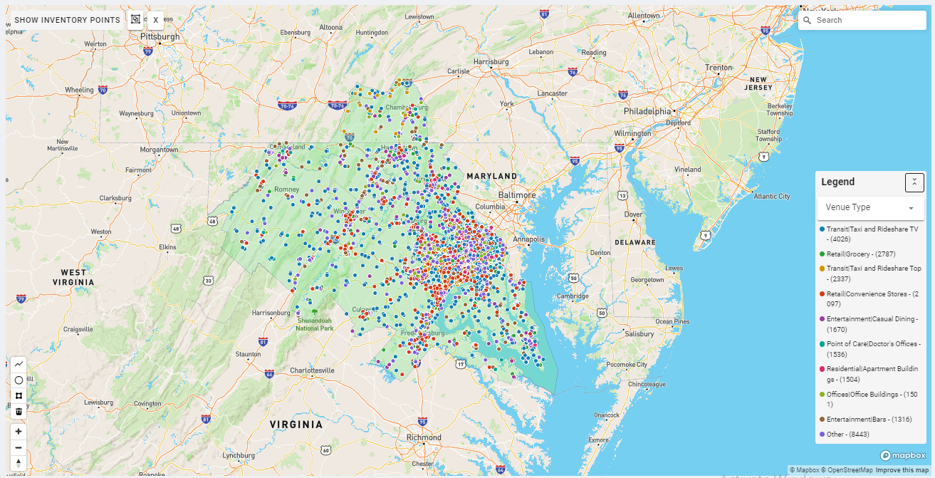 Washington DC DMA coverage map showing digital out-of-home advertising reach