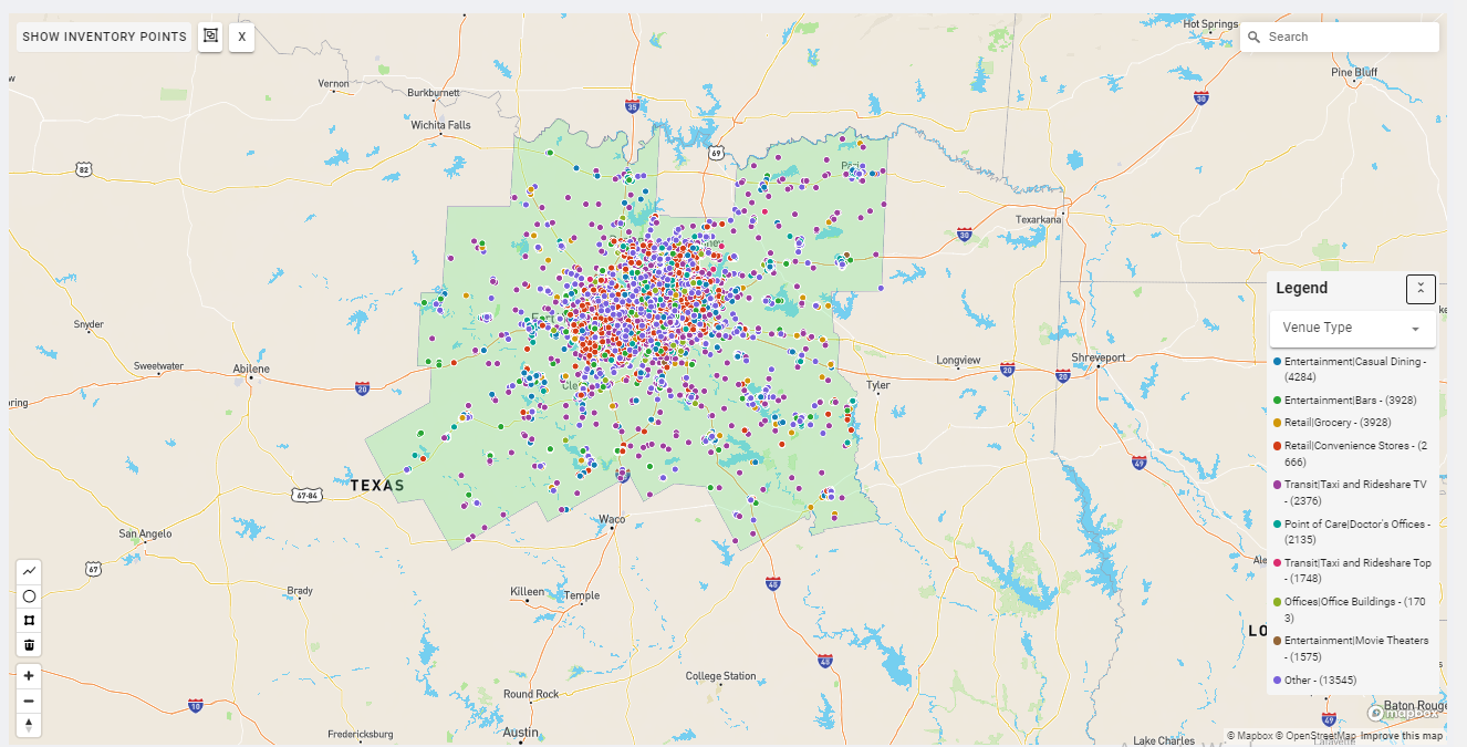 Dallas-Fort Worth DMA coverage map showing digital out-of-home advertising reach