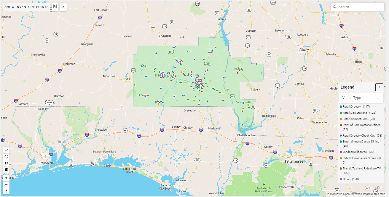 Dothan DMA coverage map showing digital out-of-home advertising reach