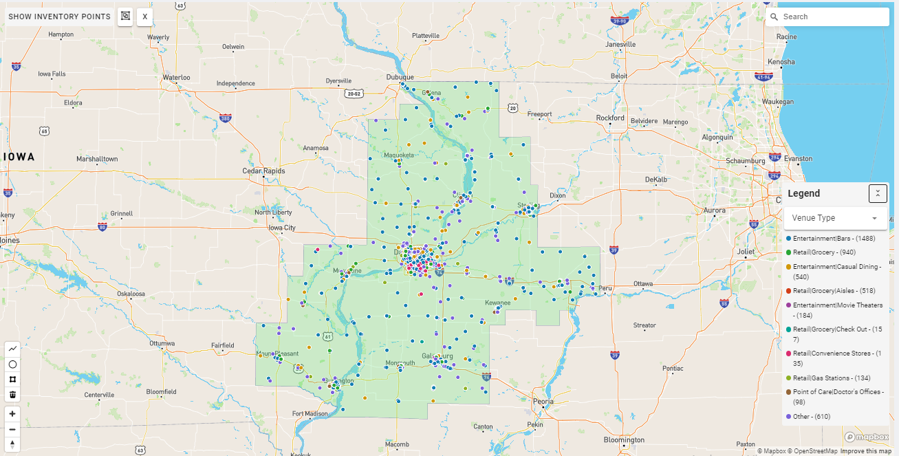 Davenport DMA coverage map showing digital out-of-home advertising reach