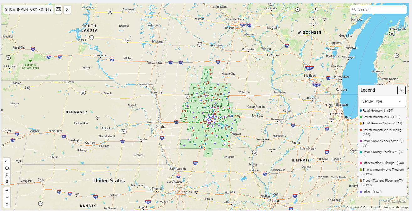 Des Moines DMA coverage map showing digital out-of-home advertising reach