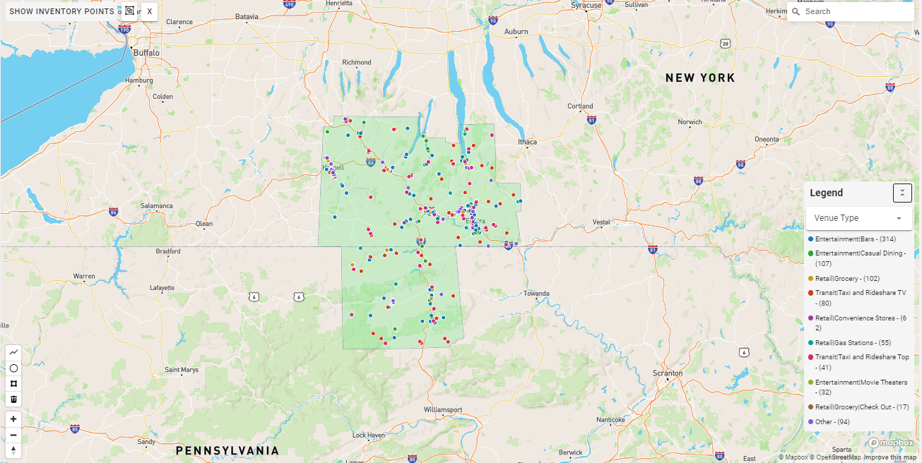 Elmira DMA coverage map showing digital out-of-home advertising reach
