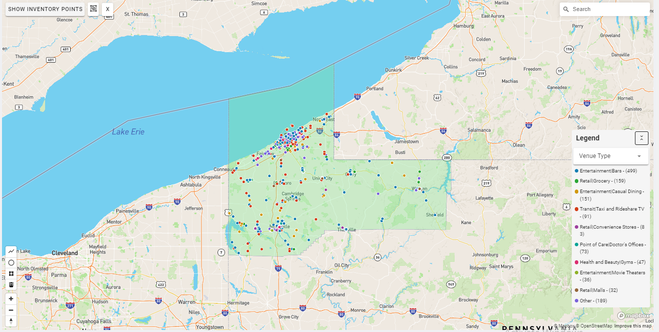 Erie DMA coverage map showing digital out-of-home advertising reach