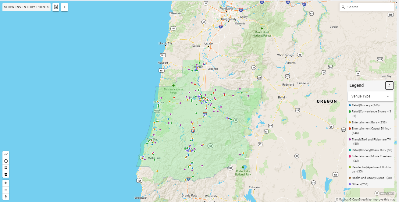 Eugene DMA coverage map showing digital out-of-home advertising reach