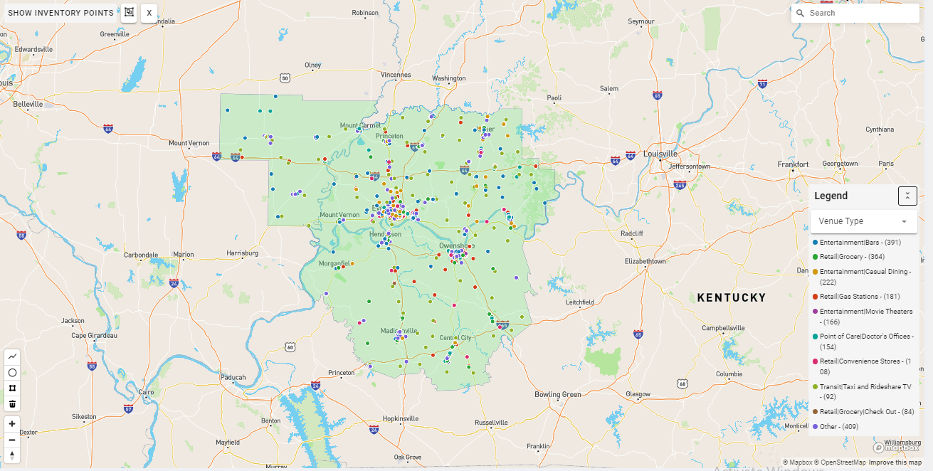 Evansville DMA coverage map showing digital out-of-home advertising reach