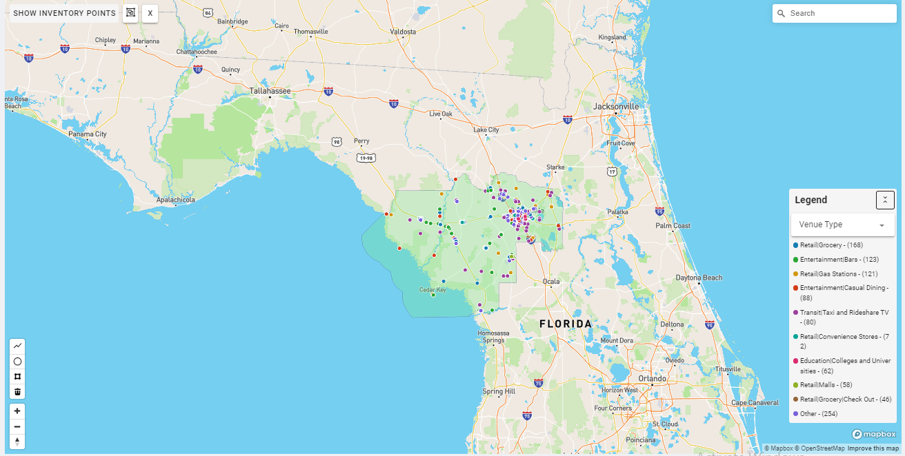 Gainesville DMA coverage map showing digital out-of-home advertising reach