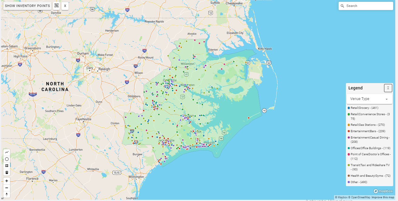 Greenville DMA coverage map showing digital out-of-home advertising reach