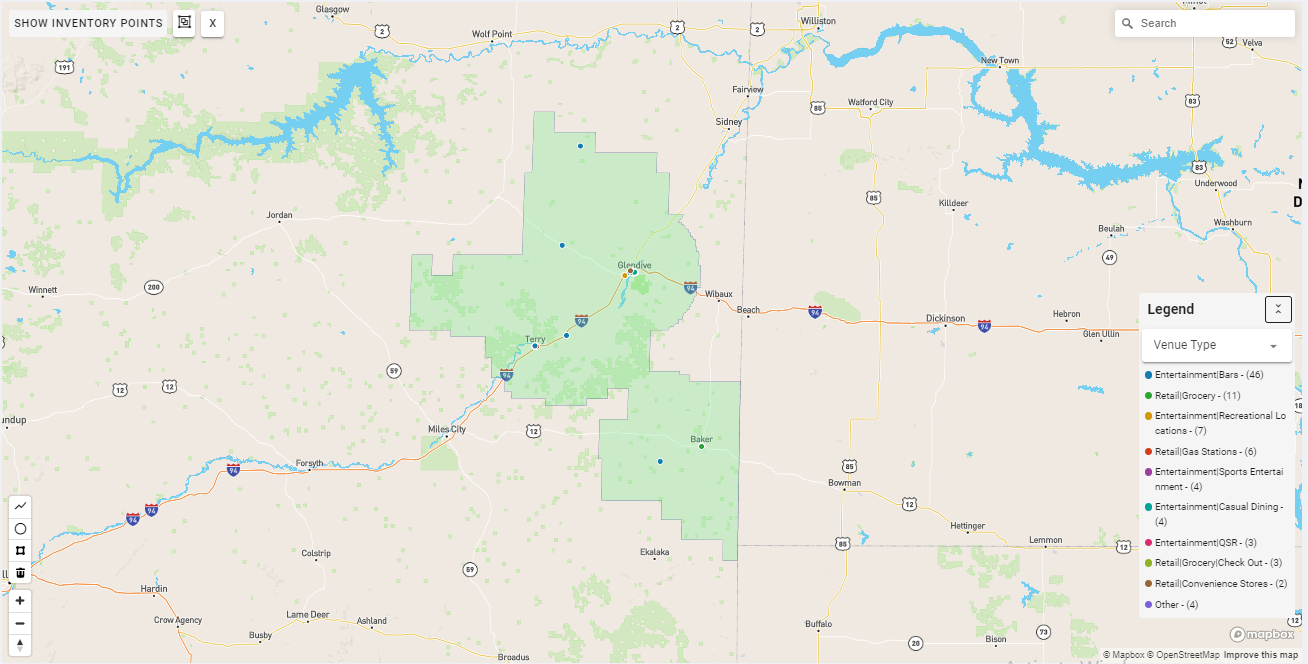 Glendive DMA coverage map showing digital out-of-home advertising reach