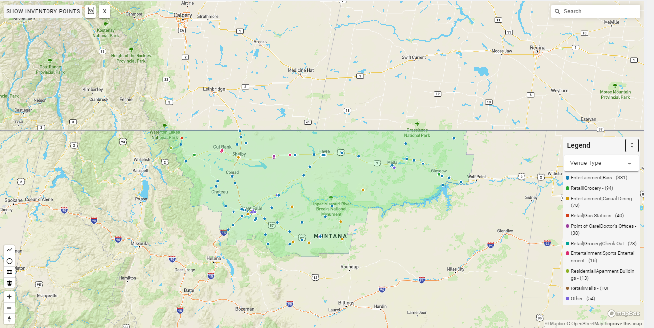 Great Falls DMA coverage map showing digital out-of-home advertising reach