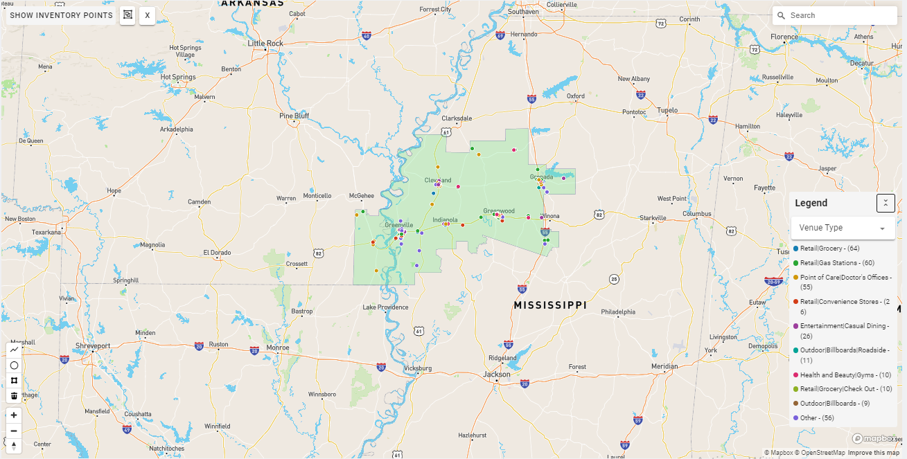 Greenwood DMA coverage map showing digital out-of-home advertising reach