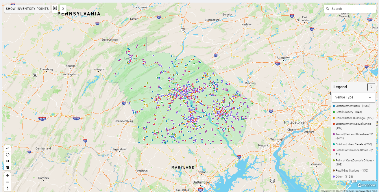 Harrisburg DMA coverage map showing digital out-of-home advertising reach