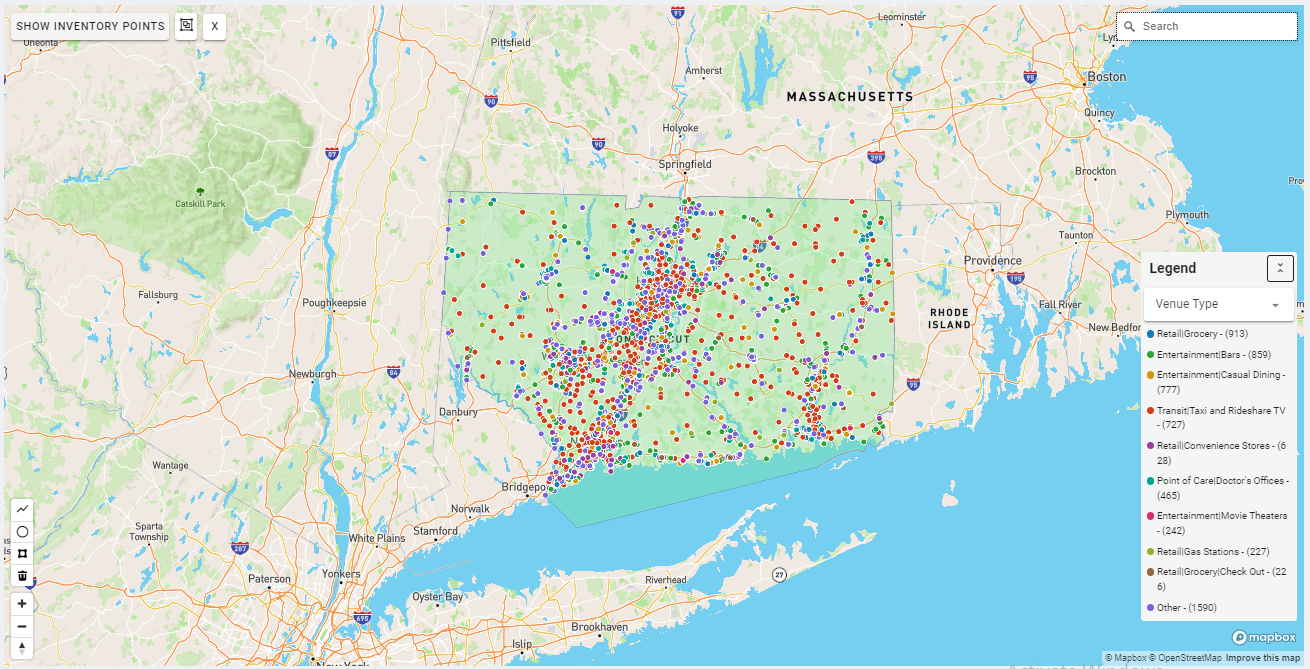 Hartford-New Haven DMA coverage map showing digital out-of-home advertising reach