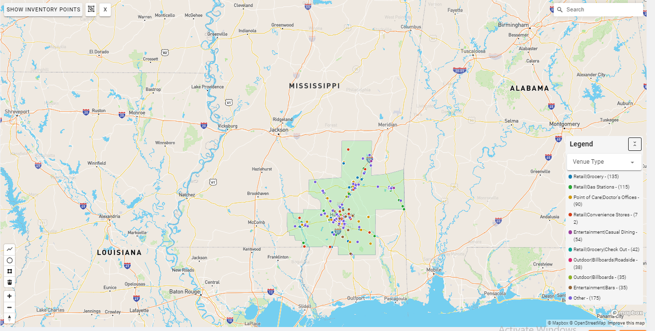 Hattiesburg DMA coverage map showing digital out-of-home advertising reach