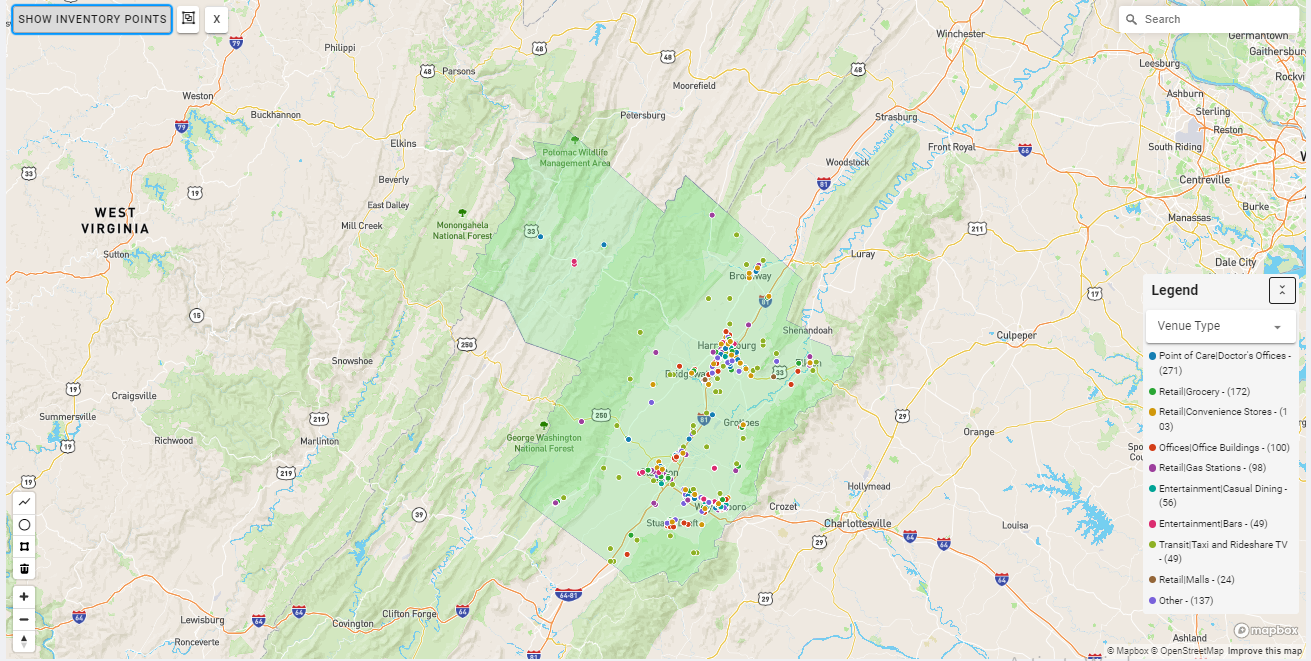 Harrisonburg DMA coverage map showing digital out-of-home advertising reach