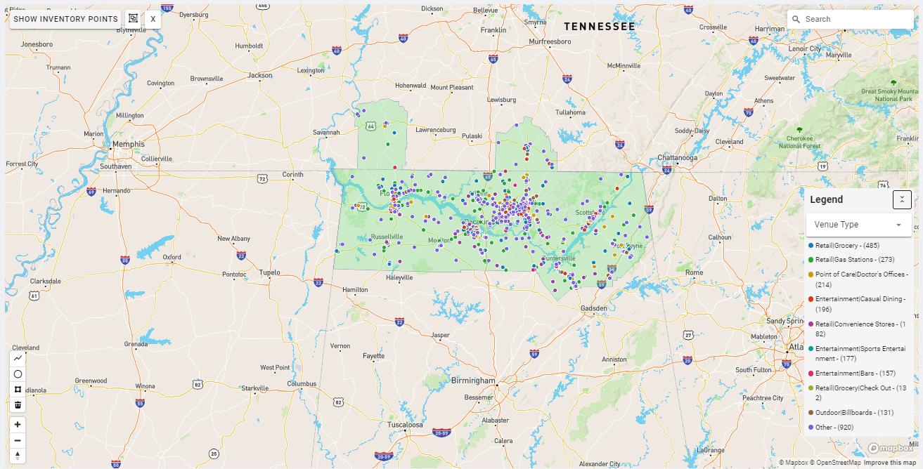Huntsville DMA coverage map showing digital out-of-home advertising reach