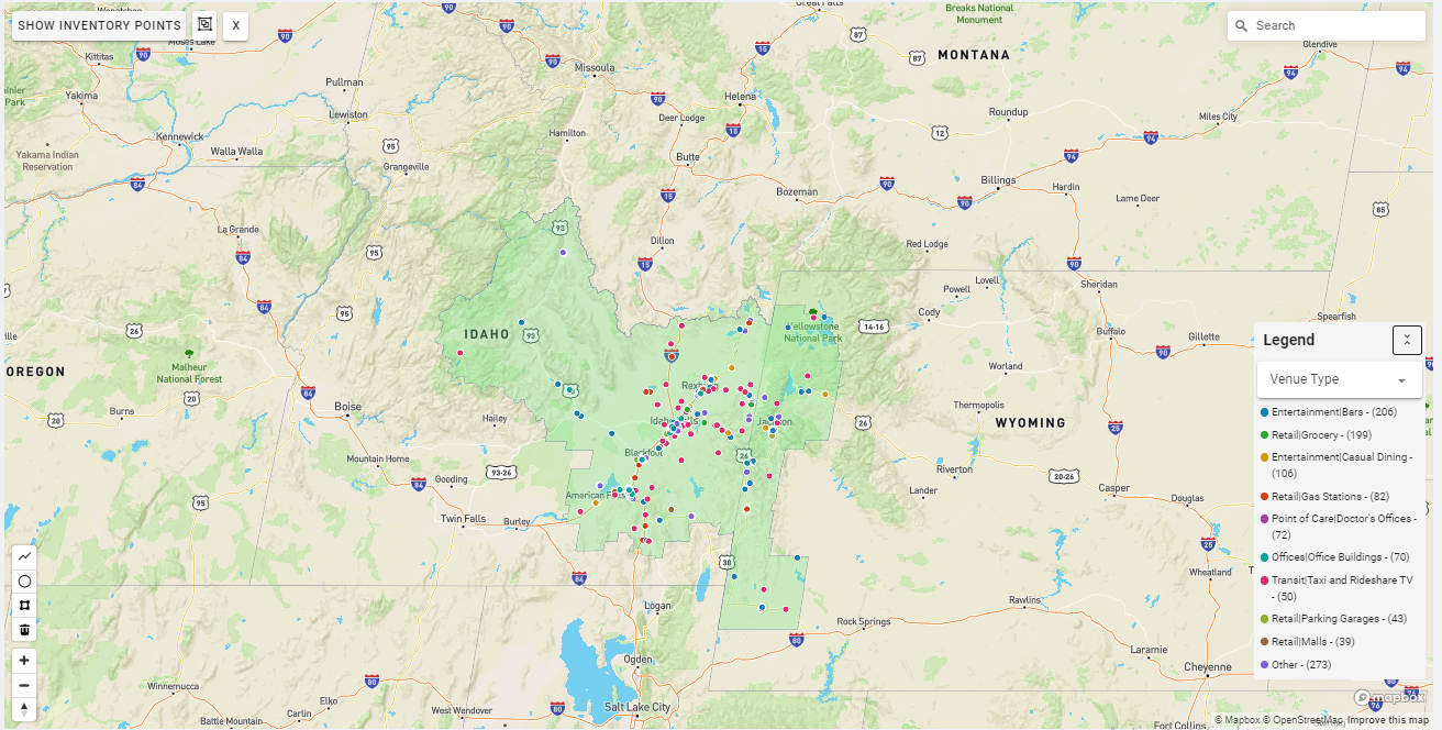Idaho Falls DMA coverage map showing digital out-of-home advertising reach