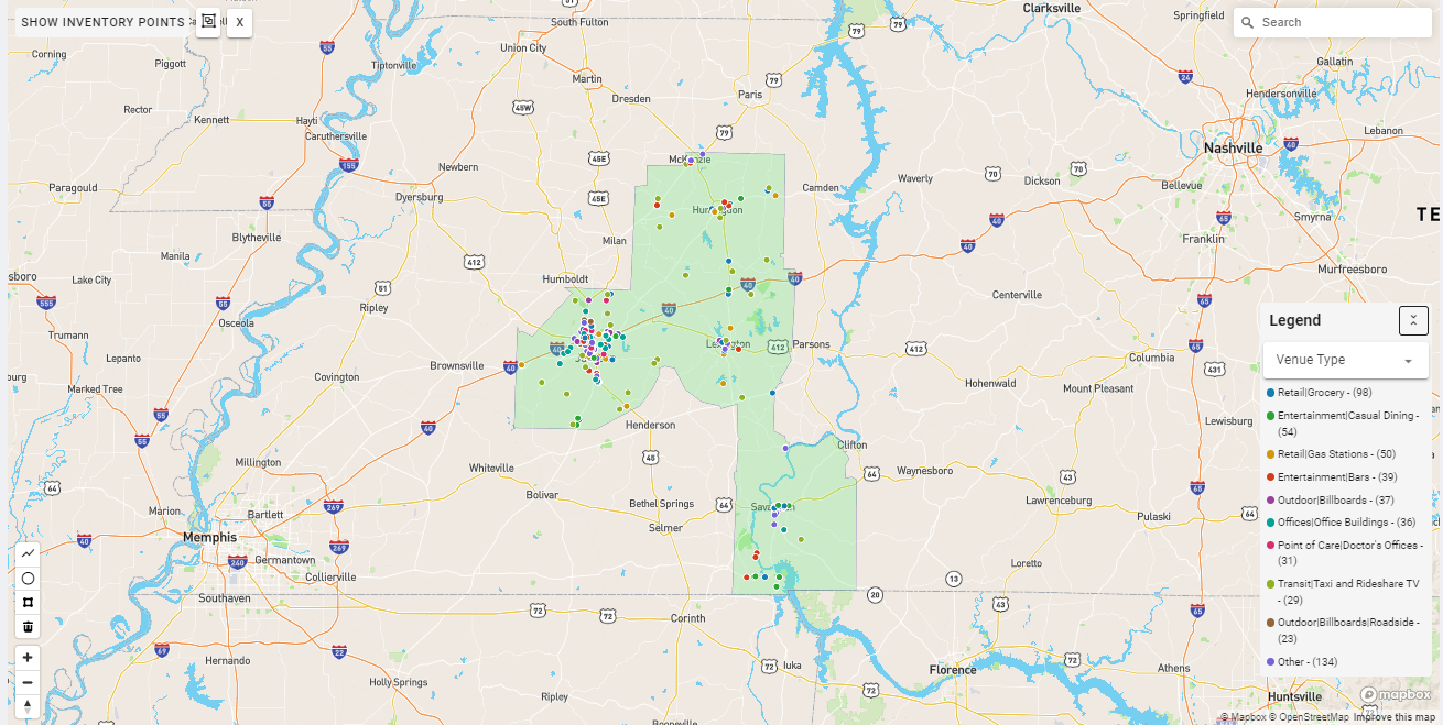 Jackson TN DMA coverage map showing digital out-of-home advertising reach