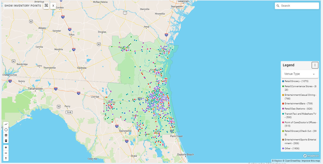 Jacksonville DMA coverage map showing digital out-of-home advertising reach