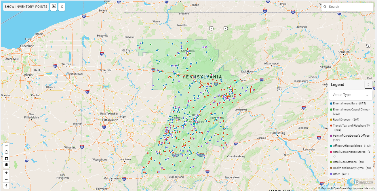 Johnstown-Altoona DMA coverage map showing digital out-of-home advertising reach
