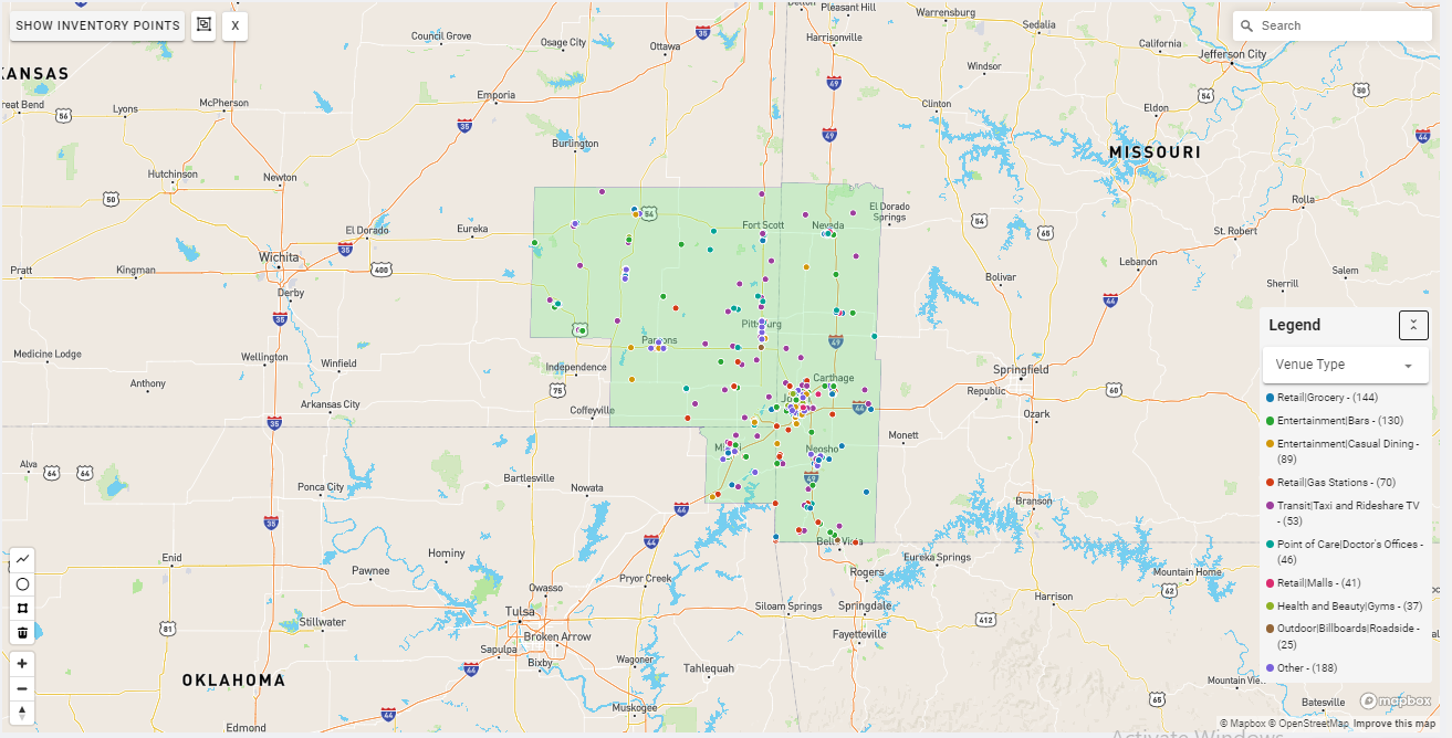 Joplin DMA coverage map showing digital out-of-home advertising reach