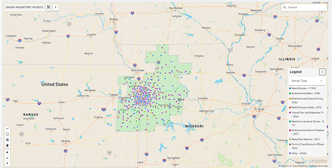 Kansas City DMA coverage map showing digital out-of-home advertising reach