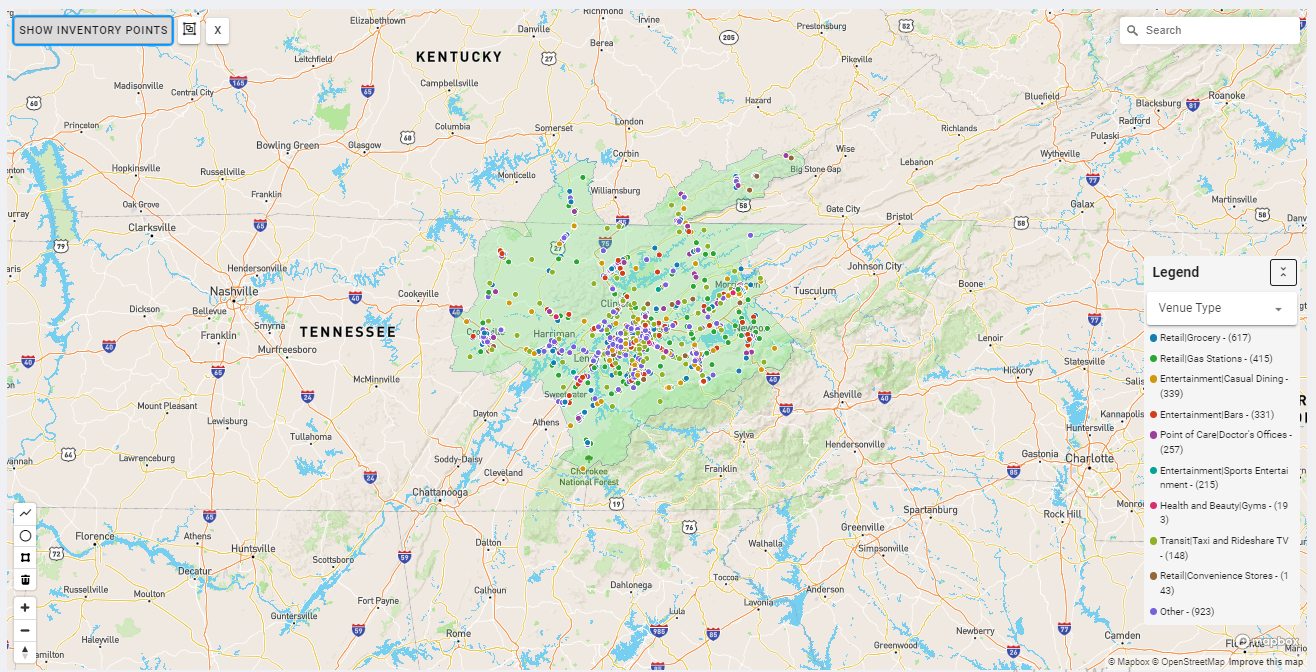 Knoxville DMA coverage map showing digital out-of-home advertising reach